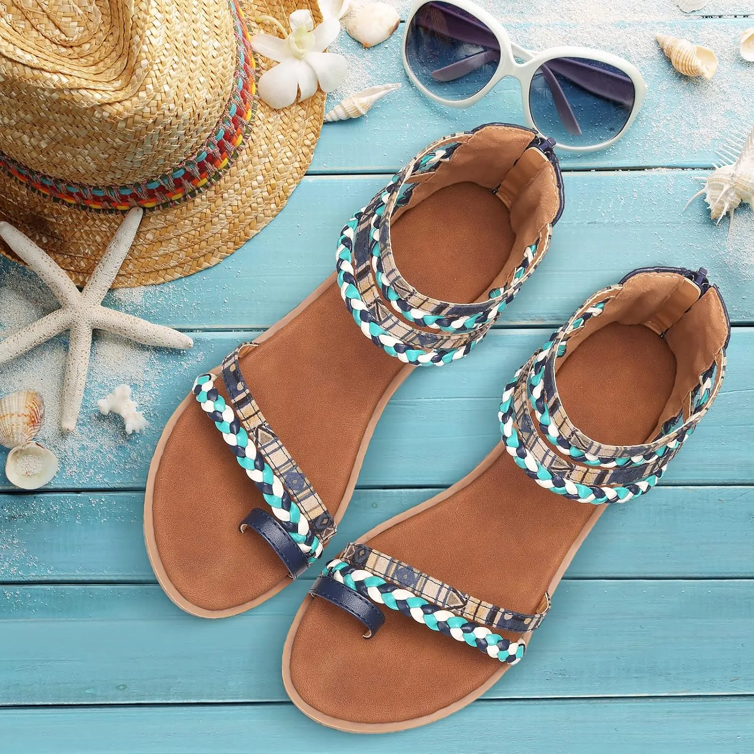 gracosy Summer Sandals for Women Flat Sandals Woven Straps Fashion Bohemia Beach Shoes Ankle Strap Sandals with Zipper Gladiator Dress Sandals Ankle Slippers