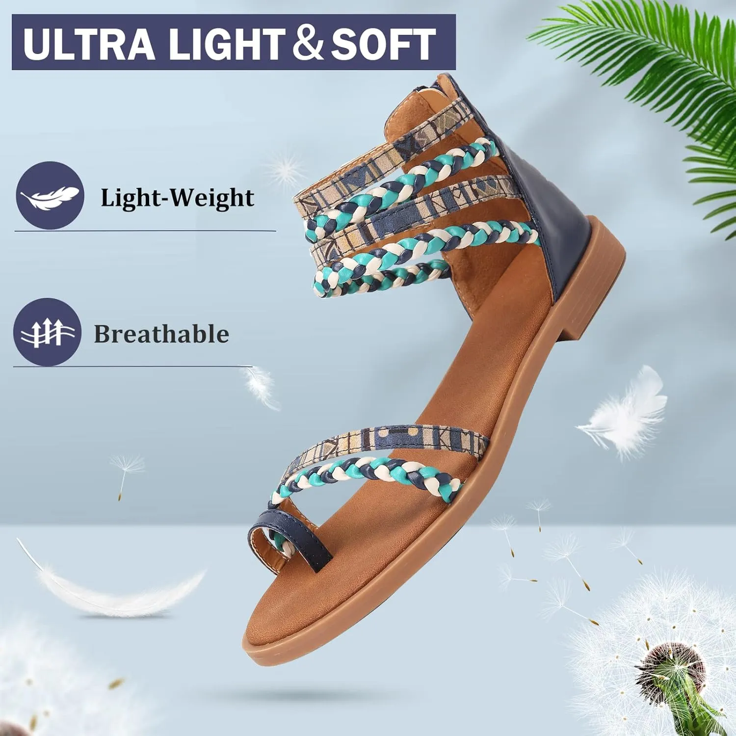 gracosy Summer Sandals for Women Flat Sandals Woven Straps Fashion Bohemia Beach Shoes Ankle Strap Sandals with Zipper Gladiator Dress Sandals Ankle Slippers