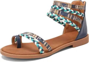 gracosy Summer Sandals for Women Flat Sandals Woven Straps Fashion Bohemia Beach Shoes Ankle Strap Sandals with Zipper Gladiator Dress Sandals Ankle Slippers