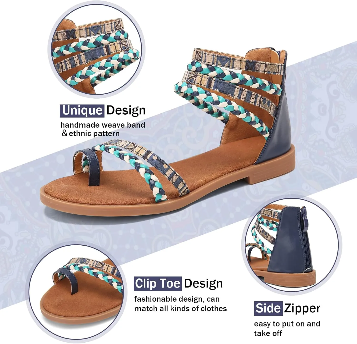 gracosy Summer Sandals for Women Flat Sandals Woven Straps Fashion Bohemia Beach Shoes Ankle Strap Sandals with Zipper Gladiator Dress Sandals Ankle Slippers