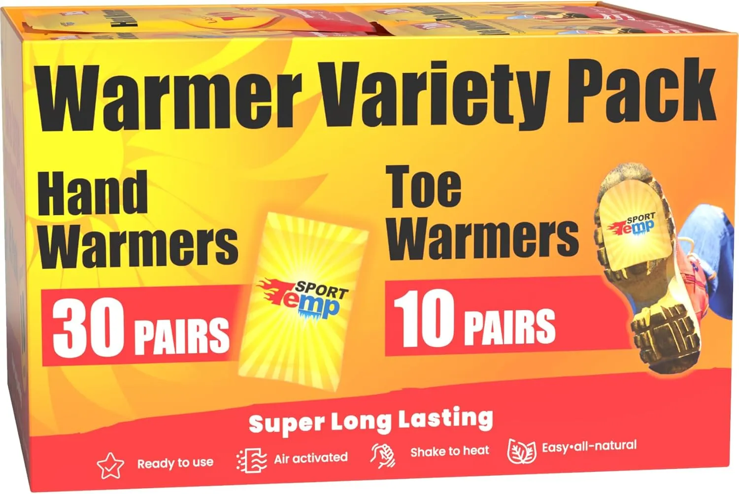 Hand & Toe Warmers - Variety Pack, 30 Pairs Hand Warmers, 10 Pairs Toe Warmers With Adhesive - Safe, Easy, All Natural - Air Activated, Body, Hands & Toes -Odorless Hot Hand & Toe Warmer - Sport Temp