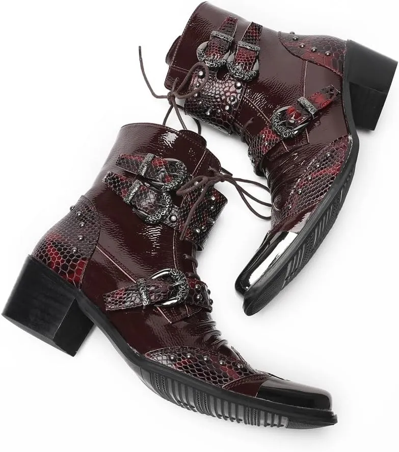 Handmade Men's Fashion Party Ankle Boot Casual Retro Textured Metal Solid Toe Wingtips 2 Inch Block Heel Double Monk Straps Pull Tap High Mens Burgundy Dress Shoes