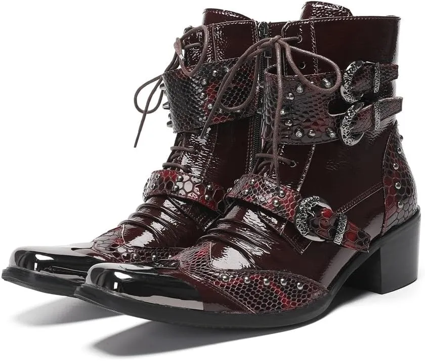 Handmade Men's Fashion Party Ankle Boot Casual Retro Textured Metal Solid Toe Wingtips 2 Inch Block Heel Double Monk Straps Pull Tap High Mens Burgundy Dress Shoes