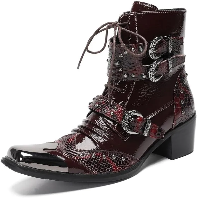 Handmade Men's Fashion Party Ankle Boot Casual Retro Textured Metal Solid Toe Wingtips 2 Inch Block Heel Double Monk Straps Pull Tap High Mens Burgundy Dress Shoes