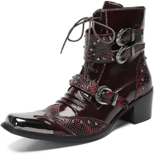 Handmade Men's Fashion Party Ankle Boot Casual Retro Textured Metal Solid Toe Wingtips 2 Inch Block Heel Double Monk Straps Pull Tap High Mens Burgundy Dress Shoes