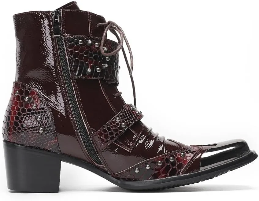 Handmade Men's Fashion Party Ankle Boot Casual Retro Textured Metal Solid Toe Wingtips 2 Inch Block Heel Double Monk Straps Pull Tap High Mens Burgundy Dress Shoes