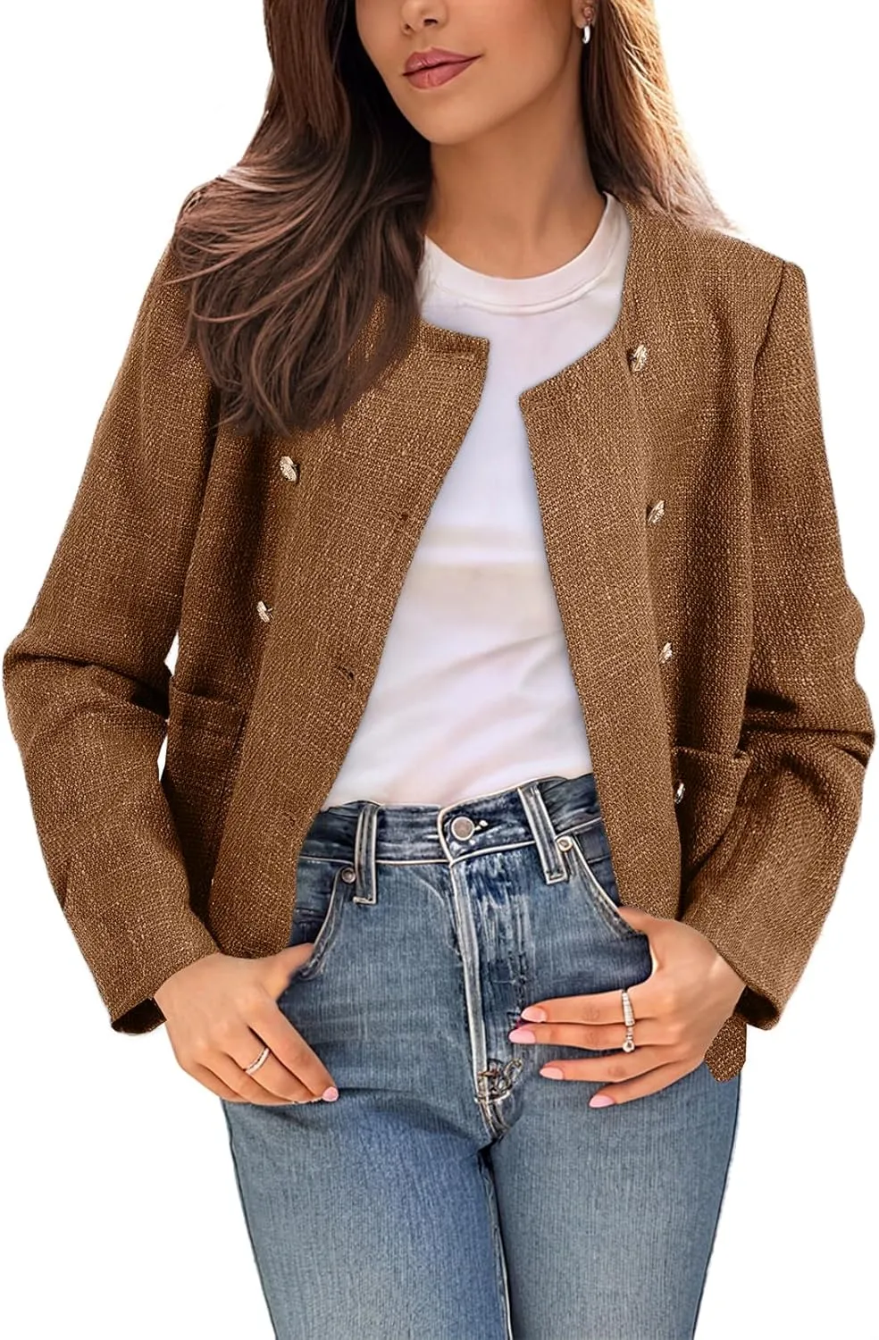 Happy Sailed Womens Cropped Tweed Blazers Casual Long Sleeve Double Breasted Open Front Blazer Jackets Work Suits