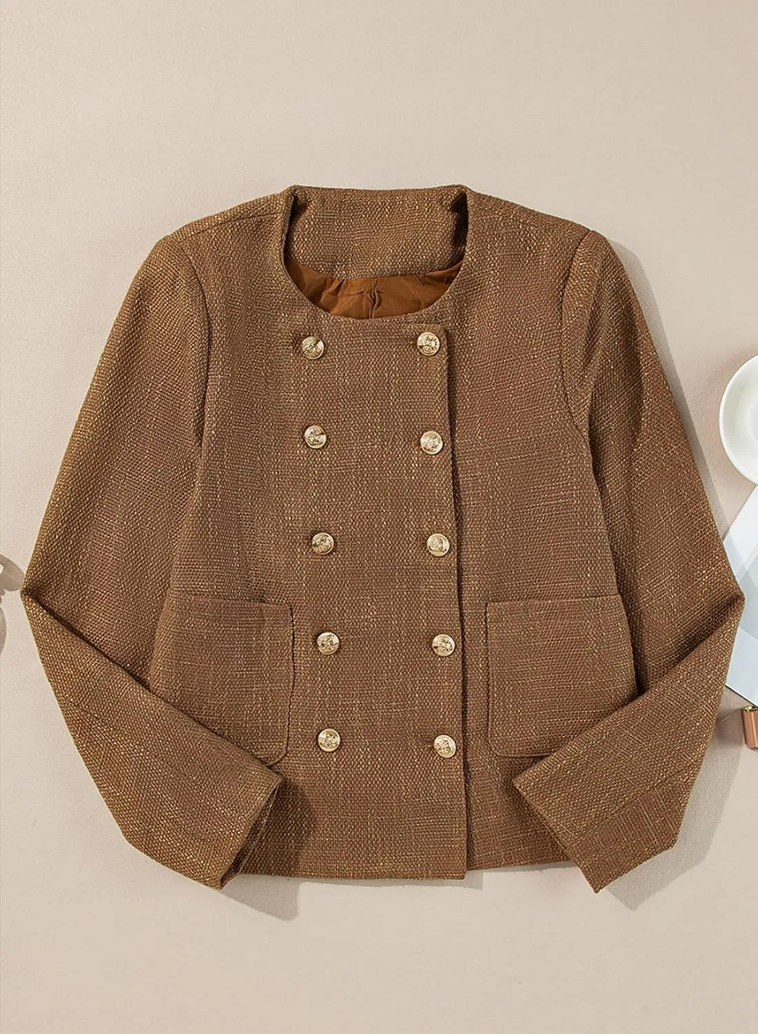 Happy Sailed Womens Cropped Tweed Blazers Casual Long Sleeve Double Breasted Open Front Blazer Jackets Work Suits