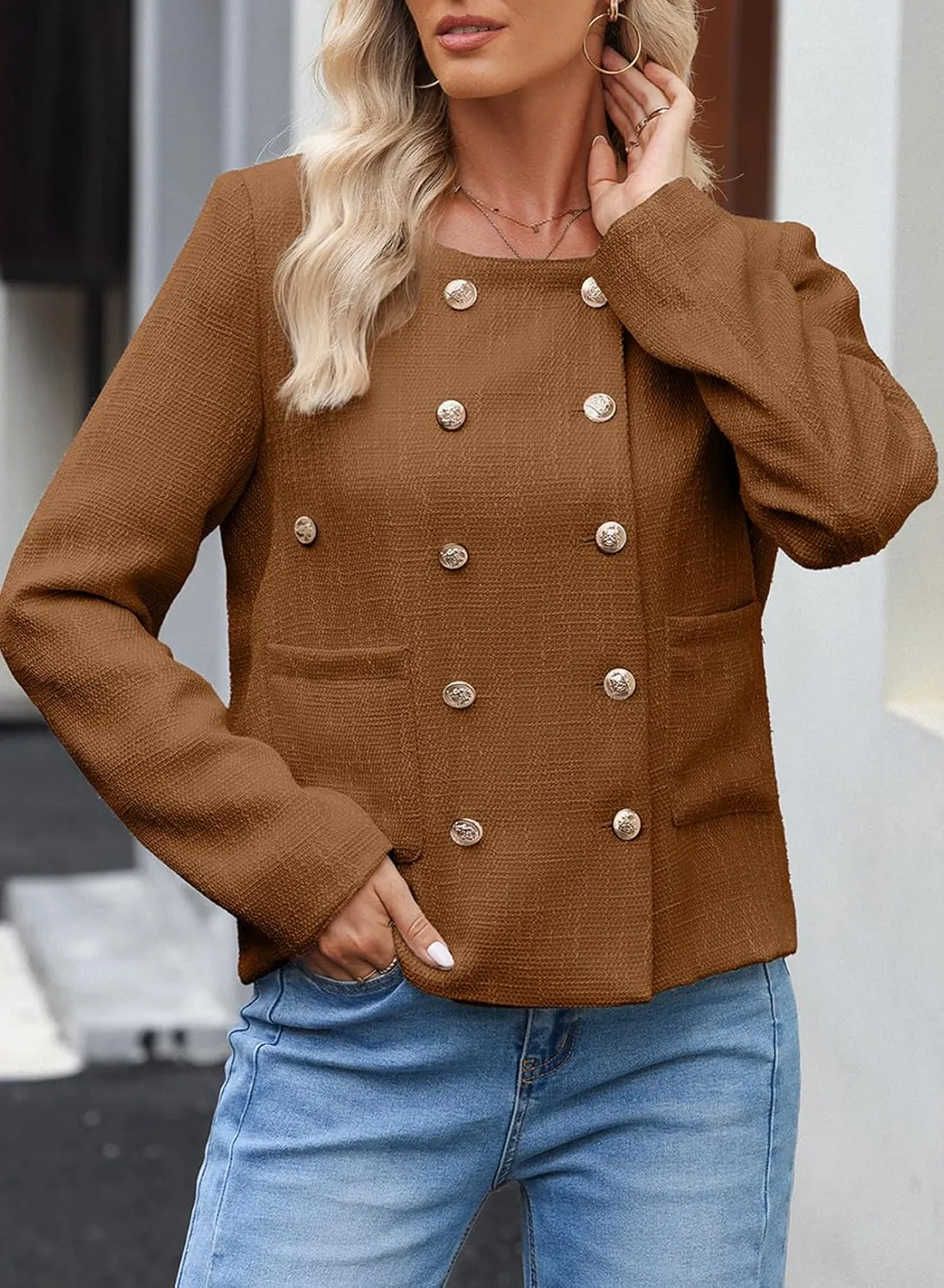 Happy Sailed Womens Cropped Tweed Blazers Casual Long Sleeve Double Breasted Open Front Blazer Jackets Work Suits