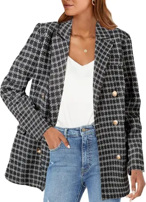 Happy Sailed Womens Plaid Tweed Blazers Dressy Casual Long Sleeve Double Breasted Open Front Blazer Jackets Work Suits