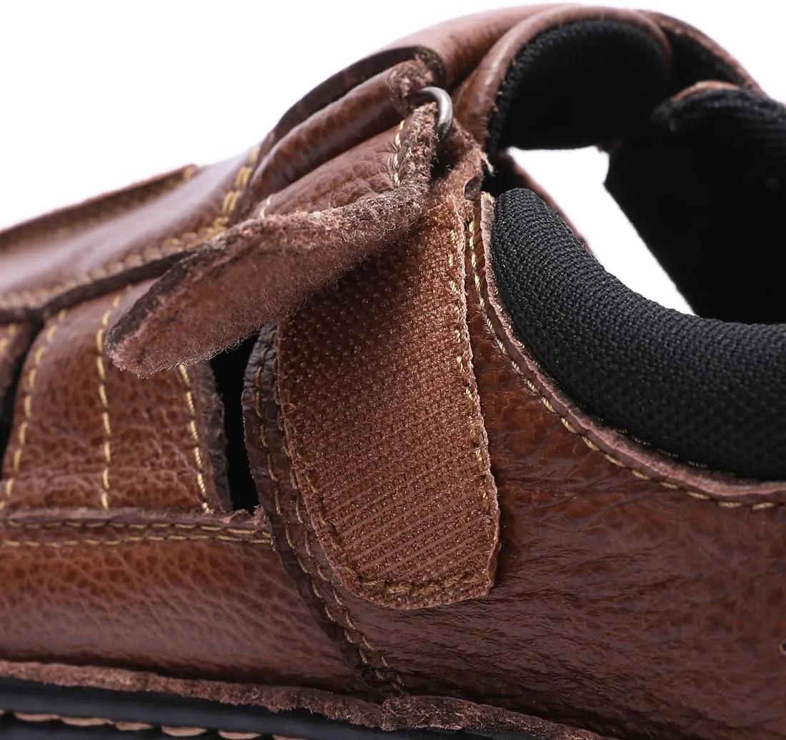 Harssidanzar Mens Closed Toe Sandals,Genuine Leather Comfortable Adjustable Fisherman Beach Sandals Shoes For Outdoor Walking Driving KM227US