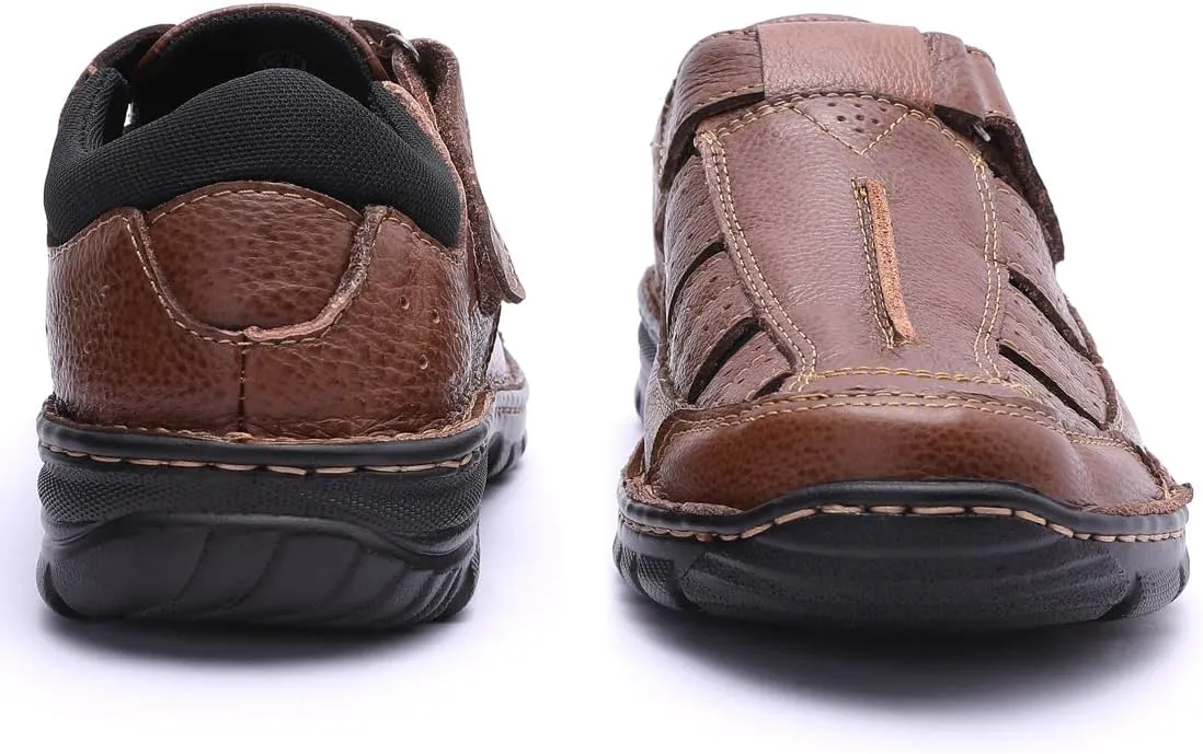Harssidanzar Mens Closed Toe Sandals,Genuine Leather Comfortable Adjustable Fisherman Beach Sandals Shoes For Outdoor Walking Driving KM227US