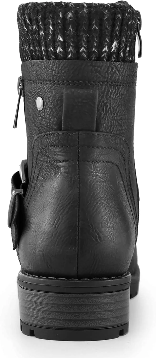 Hawkwell Women's Combat Boots Fashion Side Zipper Buckle Ankle Booties