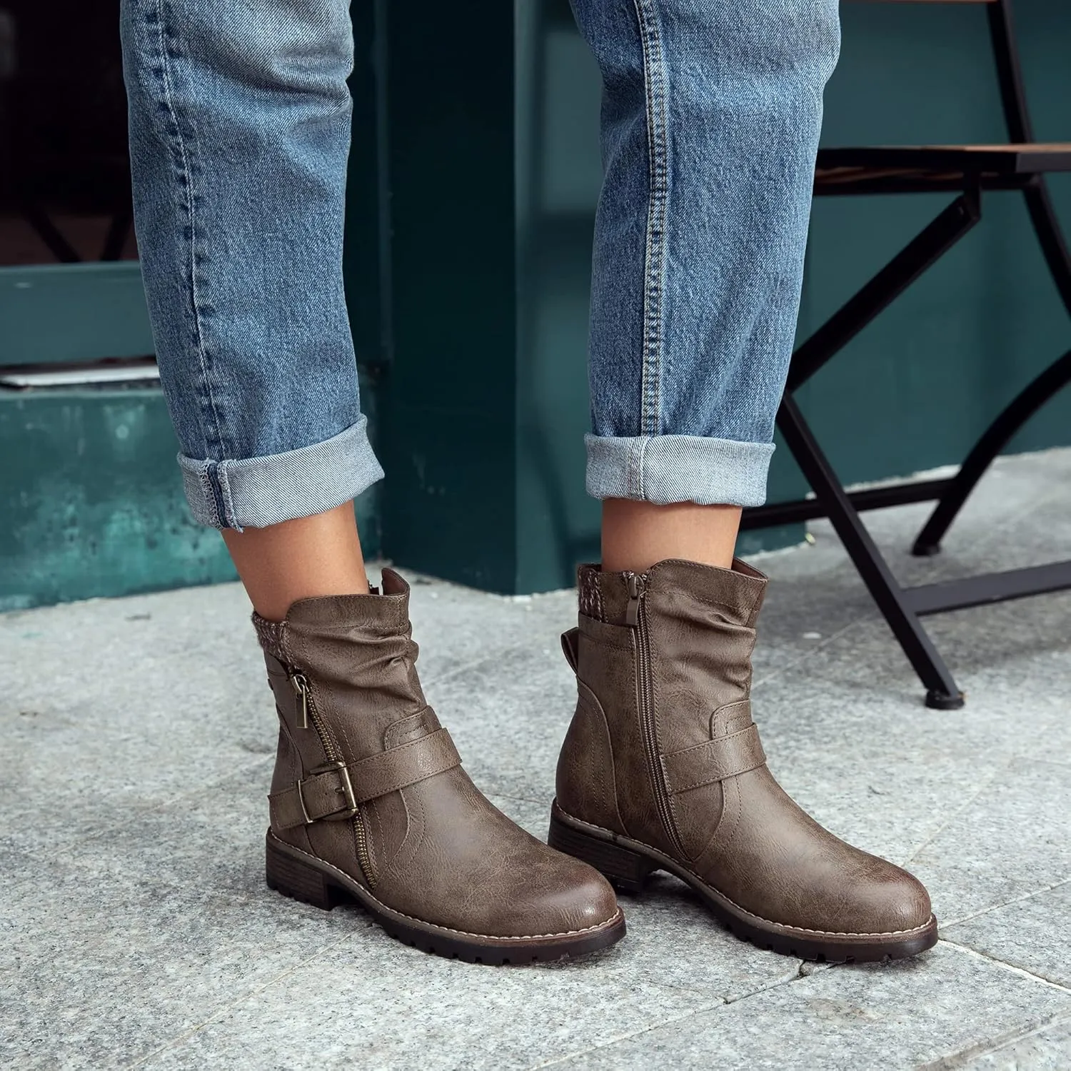 Hawkwell Women's Combat Boots Fashion Side Zipper Buckle Ankle Booties