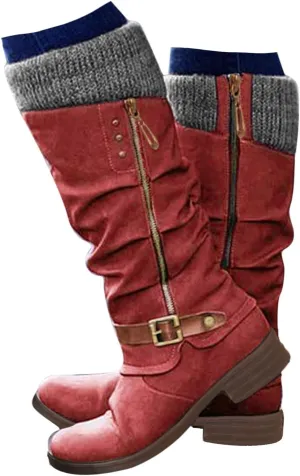 Hbeylia Knee High Boots for Women Mid Calf Flats Boots Sweater Knitted Cuff Fashion Side Zip Buckles Winter Boots Low Heel Motorcycle Riding Boots Round Toe Comfortable Tall Boots