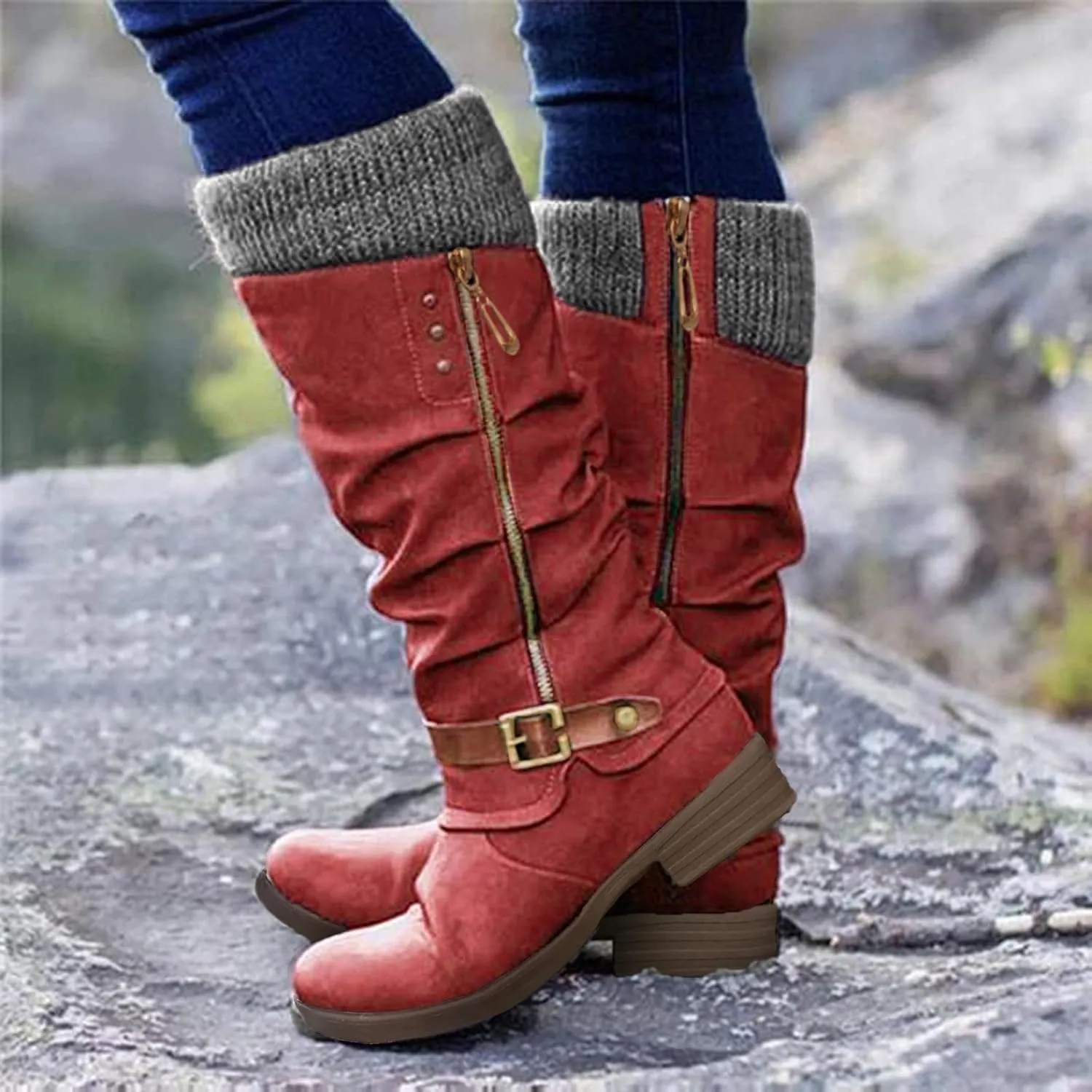 Hbeylia Knee High Boots for Women Mid Calf Flats Boots Sweater Knitted Cuff Fashion Side Zip Buckles Winter Boots Low Heel Motorcycle Riding Boots Round Toe Comfortable Tall Boots