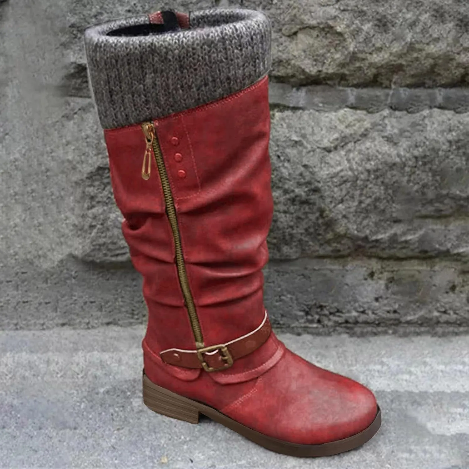 Hbeylia Knee High Boots for Women Mid Calf Flats Boots Sweater Knitted Cuff Fashion Side Zip Buckles Winter Boots Low Heel Motorcycle Riding Boots Round Toe Comfortable Tall Boots