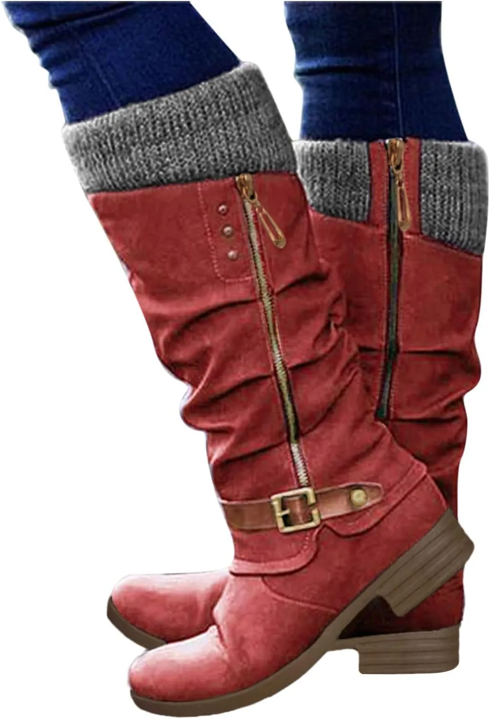 Hbeylia Knee High Boots for Women Mid Calf Flats Boots Sweater Knitted Cuff Fashion Side Zip Buckles Winter Boots Low Heel Motorcycle Riding Boots Round Toe Comfortable Tall Boots