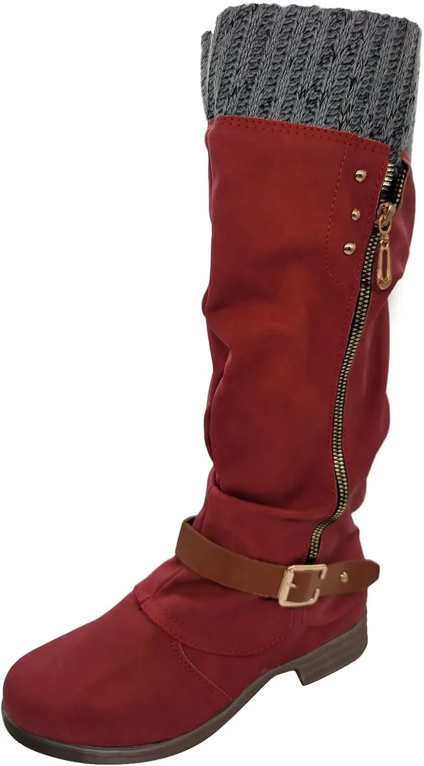 Hbeylia Knee High Boots for Women Mid Calf Flats Boots Sweater Knitted Cuff Fashion Side Zip Buckles Winter Boots Low Heel Motorcycle Riding Boots Round Toe Comfortable Tall Boots