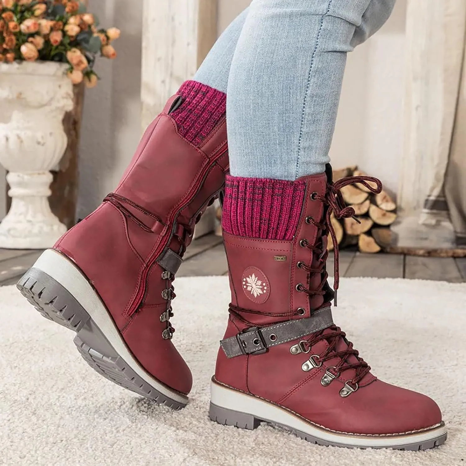 Hbeylia Lace-up Combat Boots for Women Sweater Knitted Cuff Mid-Calf Military Winter Boot Chunky Low Heels Platform Fashion Side Zip Buckles Riding Boots Walking Comfortable Hiking Outdoor Booties