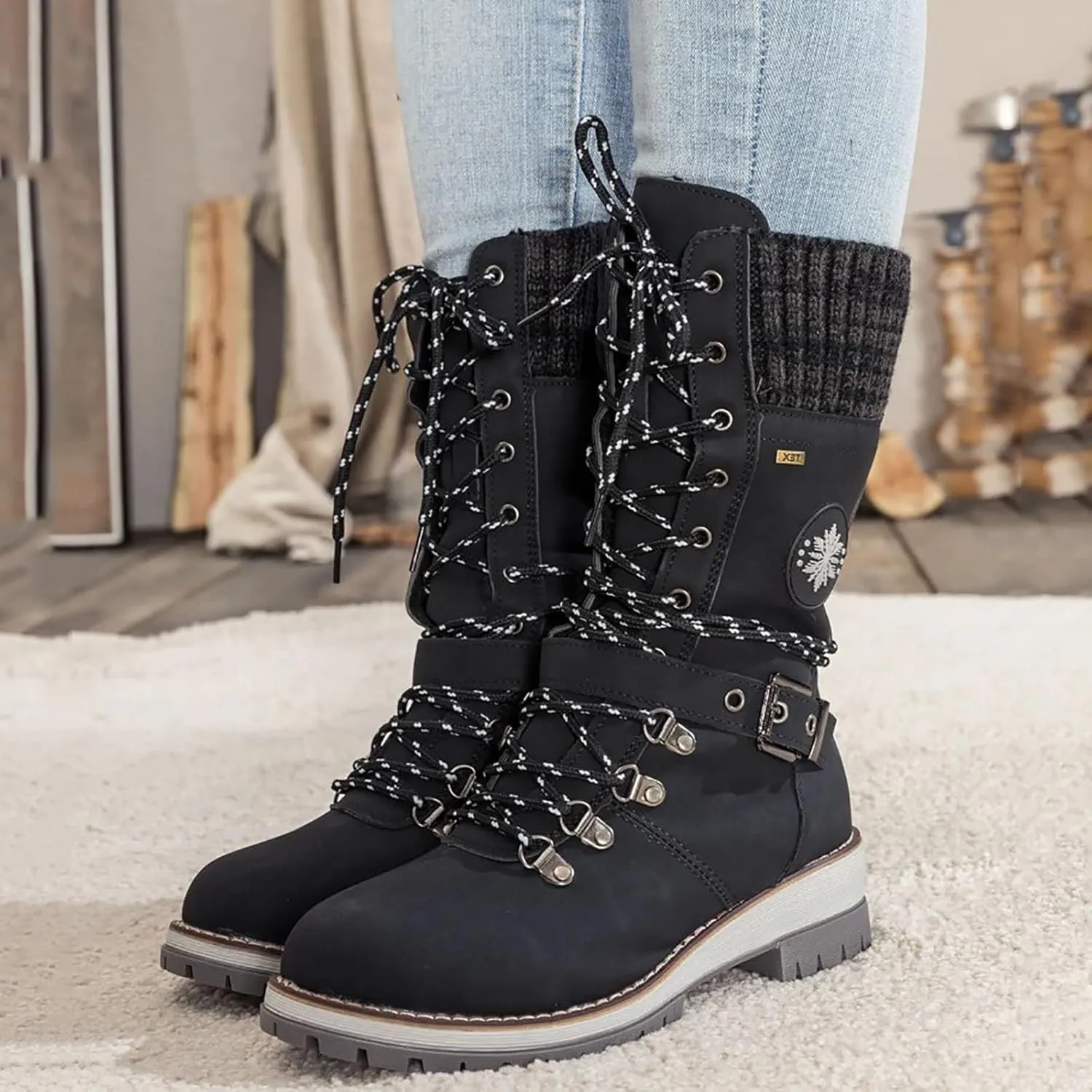 Hbeylia Lace-up Combat Boots for Women Sweater Knitted Cuff Mid-Calf Military Winter Boot Chunky Low Heels Platform Fashion Side Zip Buckles Riding Boots Walking Comfortable Hiking Outdoor Booties