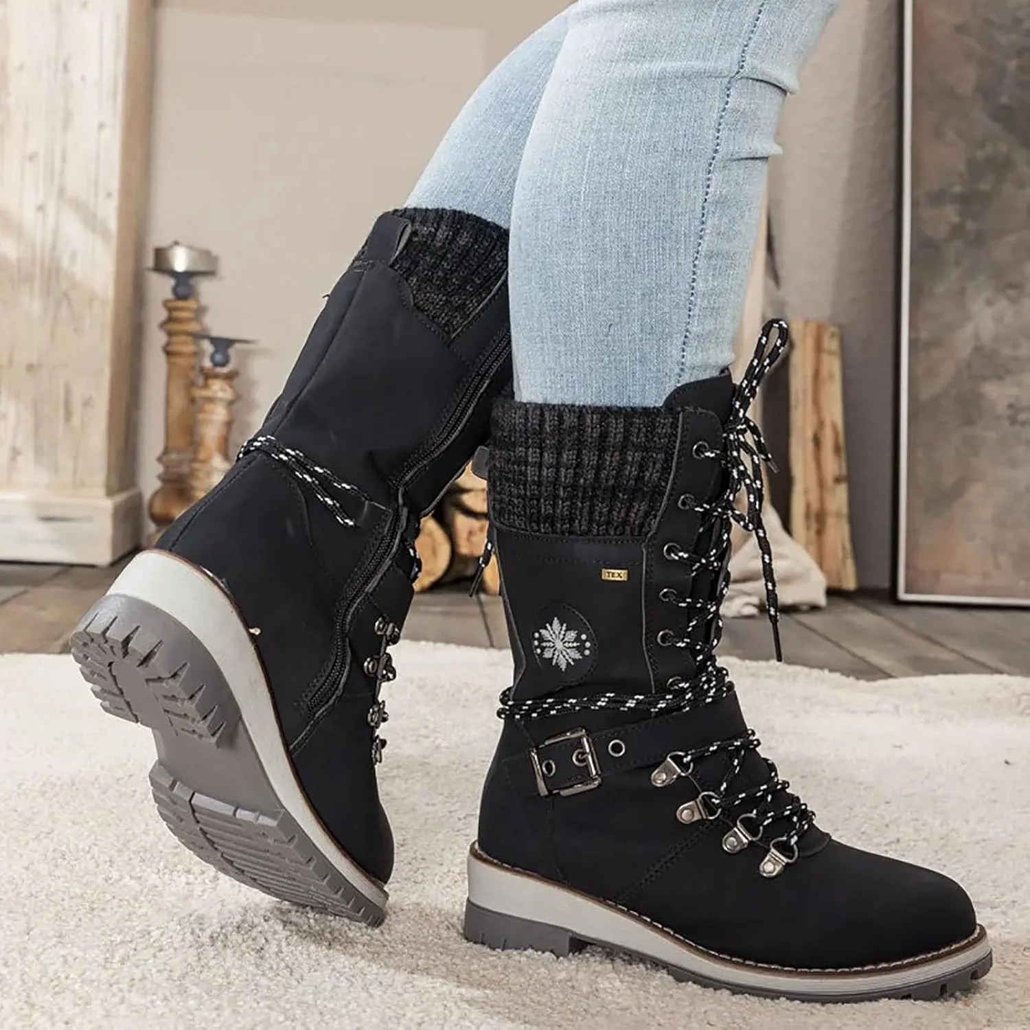 Hbeylia Lace-up Combat Boots for Women Sweater Knitted Cuff Mid-Calf Military Winter Boot Chunky Low Heels Platform Fashion Side Zip Buckles Riding Boots Walking Comfortable Hiking Outdoor Booties