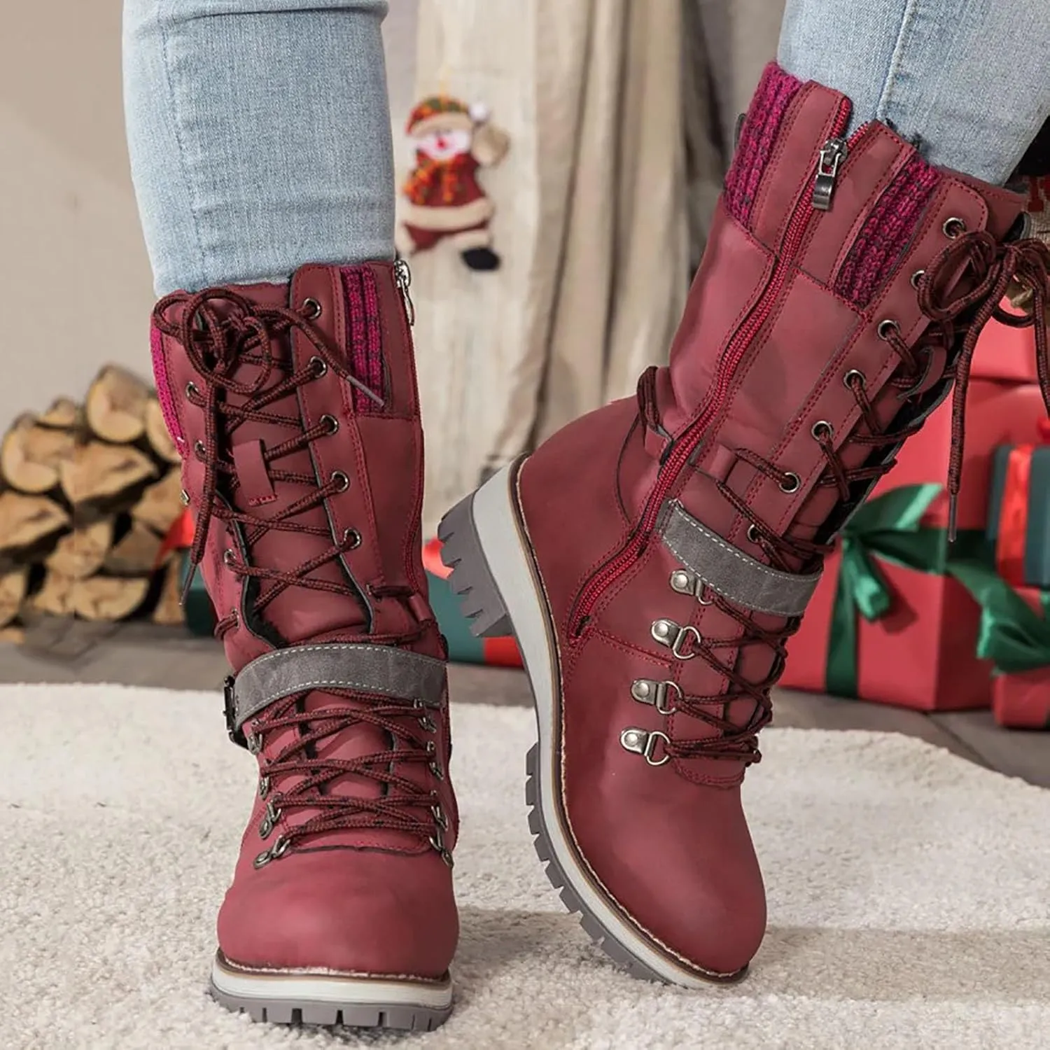 Hbeylia Lace-up Combat Boots for Women Sweater Knitted Cuff Mid-Calf Military Winter Boot Chunky Low Heels Platform Fashion Side Zip Buckles Riding Boots Walking Comfortable Hiking Outdoor Booties