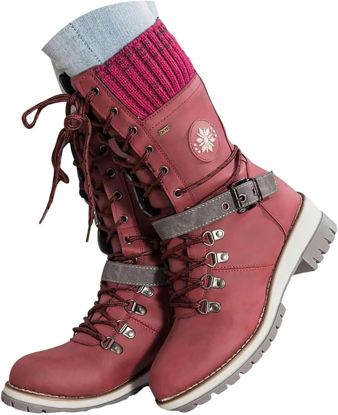 Hbeylia Lace-up Combat Boots for Women Sweater Knitted Cuff Mid-Calf Military Winter Boot Chunky Low Heels Platform Fashion Side Zip Buckles Riding Boots Walking Comfortable Hiking Outdoor Booties