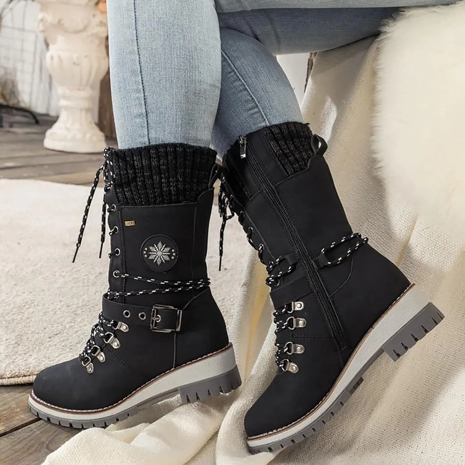 Hbeylia Lace-up Combat Boots for Women Sweater Knitted Cuff Mid-Calf Military Winter Boot Chunky Low Heels Platform Fashion Side Zip Buckles Riding Boots Walking Comfortable Hiking Outdoor Booties