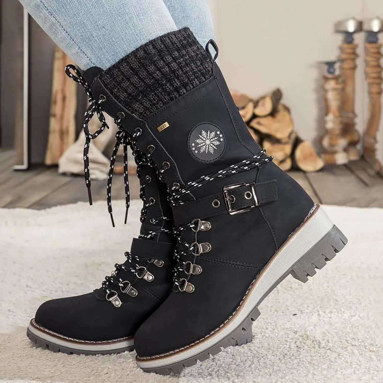 Hbeylia Lace-up Combat Boots for Women Sweater Knitted Cuff Mid-Calf Military Winter Boot Chunky Low Heels Platform Fashion Side Zip Buckles Riding Boots Walking Comfortable Hiking Outdoor Booties