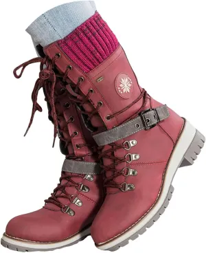 Hbeylia Lace-up Combat Boots for Women Sweater Knitted Cuff Mid-Calf Military Winter Boot Chunky Low Heels Platform Fashion Side Zip Buckles Riding Boots Walking Comfortable Hiking Outdoor Booties