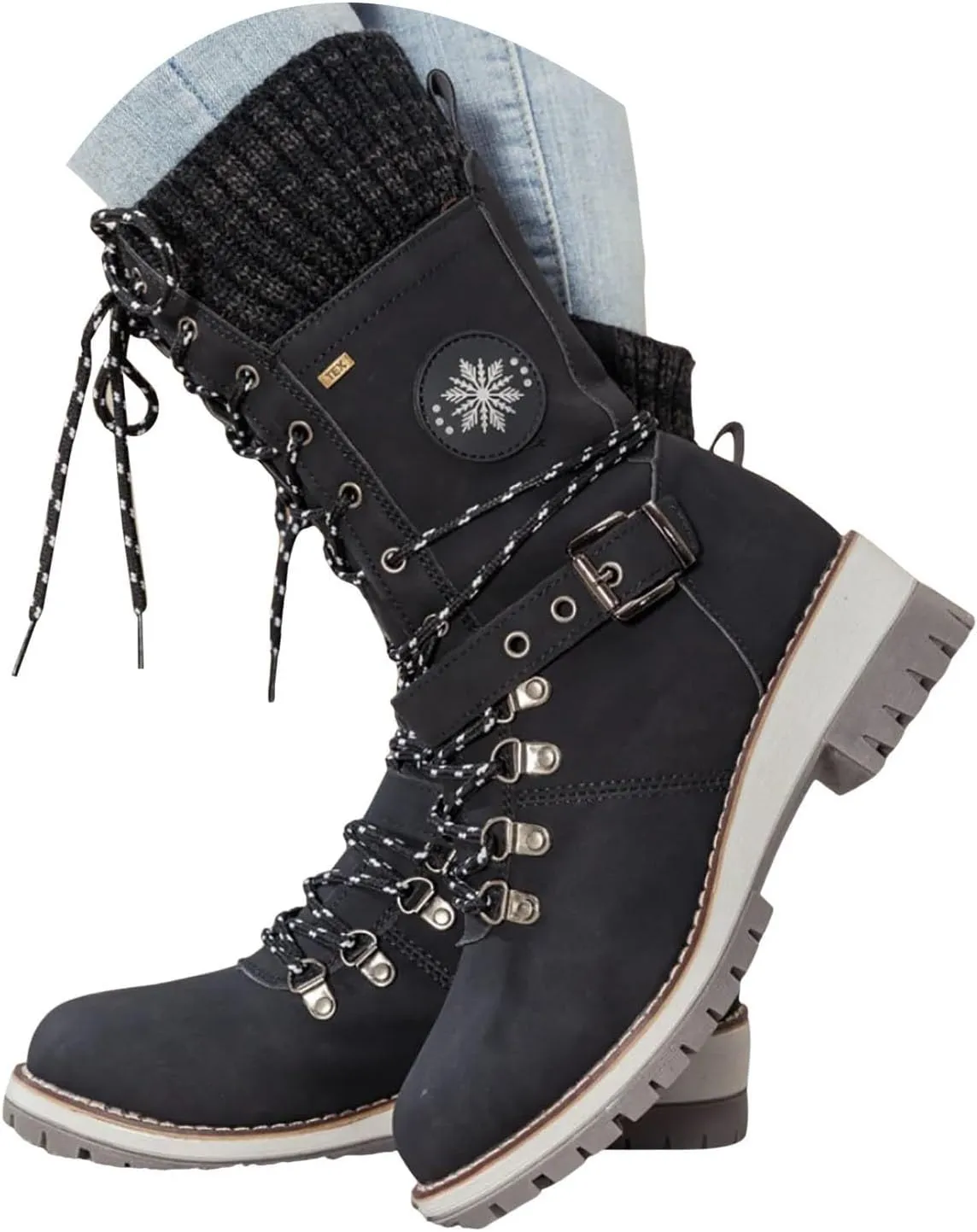 Hbeylia Lace-up Combat Boots for Women Sweater Knitted Cuff Mid-Calf Military Winter Boot Chunky Low Heels Platform Fashion Side Zip Buckles Riding Boots Walking Comfortable Hiking Outdoor Booties