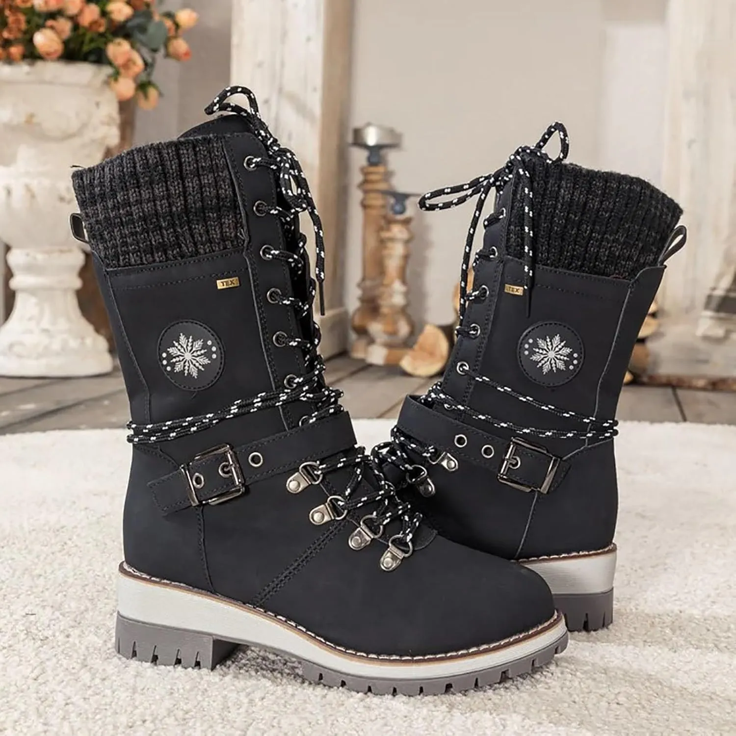 Hbeylia Lace-up Combat Boots for Women Sweater Knitted Cuff Mid-Calf Military Winter Boot Chunky Low Heels Platform Fashion Side Zip Buckles Riding Boots Walking Comfortable Hiking Outdoor Booties