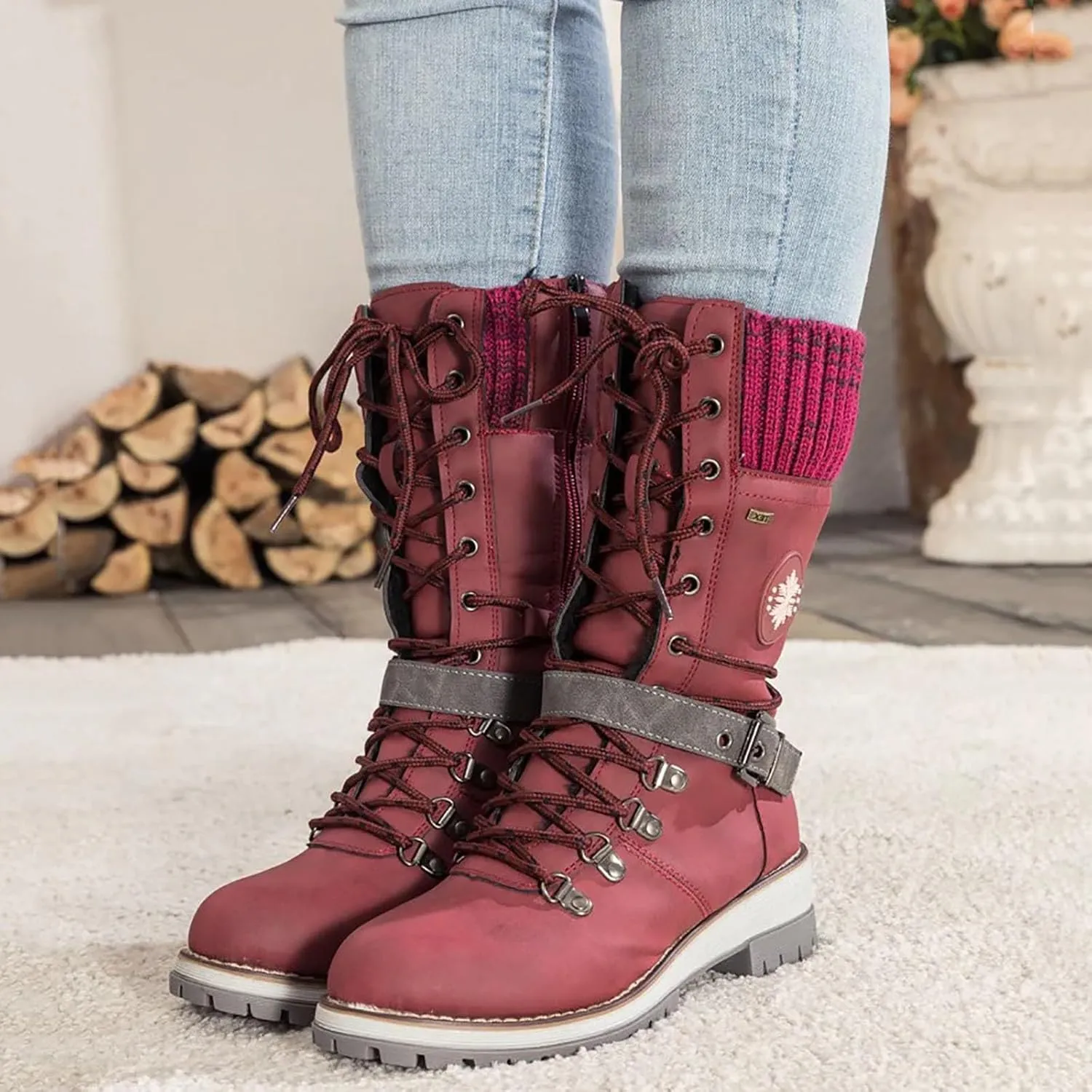 Hbeylia Lace-up Combat Boots for Women Sweater Knitted Cuff Mid-Calf Military Winter Boot Chunky Low Heels Platform Fashion Side Zip Buckles Riding Boots Walking Comfortable Hiking Outdoor Booties