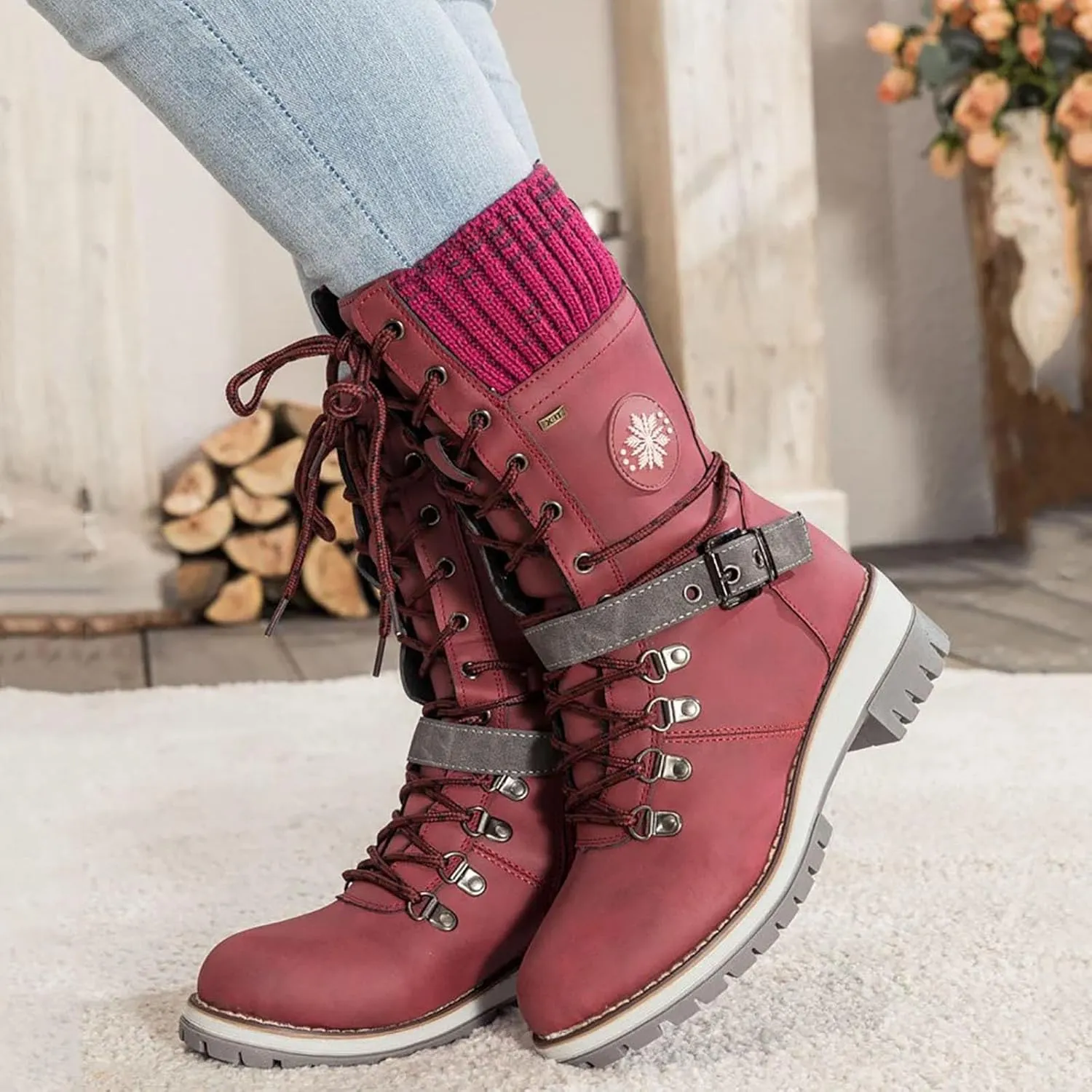 Hbeylia Lace-up Combat Boots for Women Sweater Knitted Cuff Mid-Calf Military Winter Boot Chunky Low Heels Platform Fashion Side Zip Buckles Riding Boots Walking Comfortable Hiking Outdoor Booties