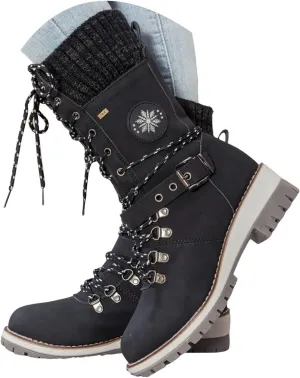 Hbeylia Lace-up Combat Boots for Women Sweater Knitted Cuff Mid-Calf Military Winter Boot Chunky Low Heels Platform Fashion Side Zip Buckles Riding Boots Walking Comfortable Hiking Outdoor Booties