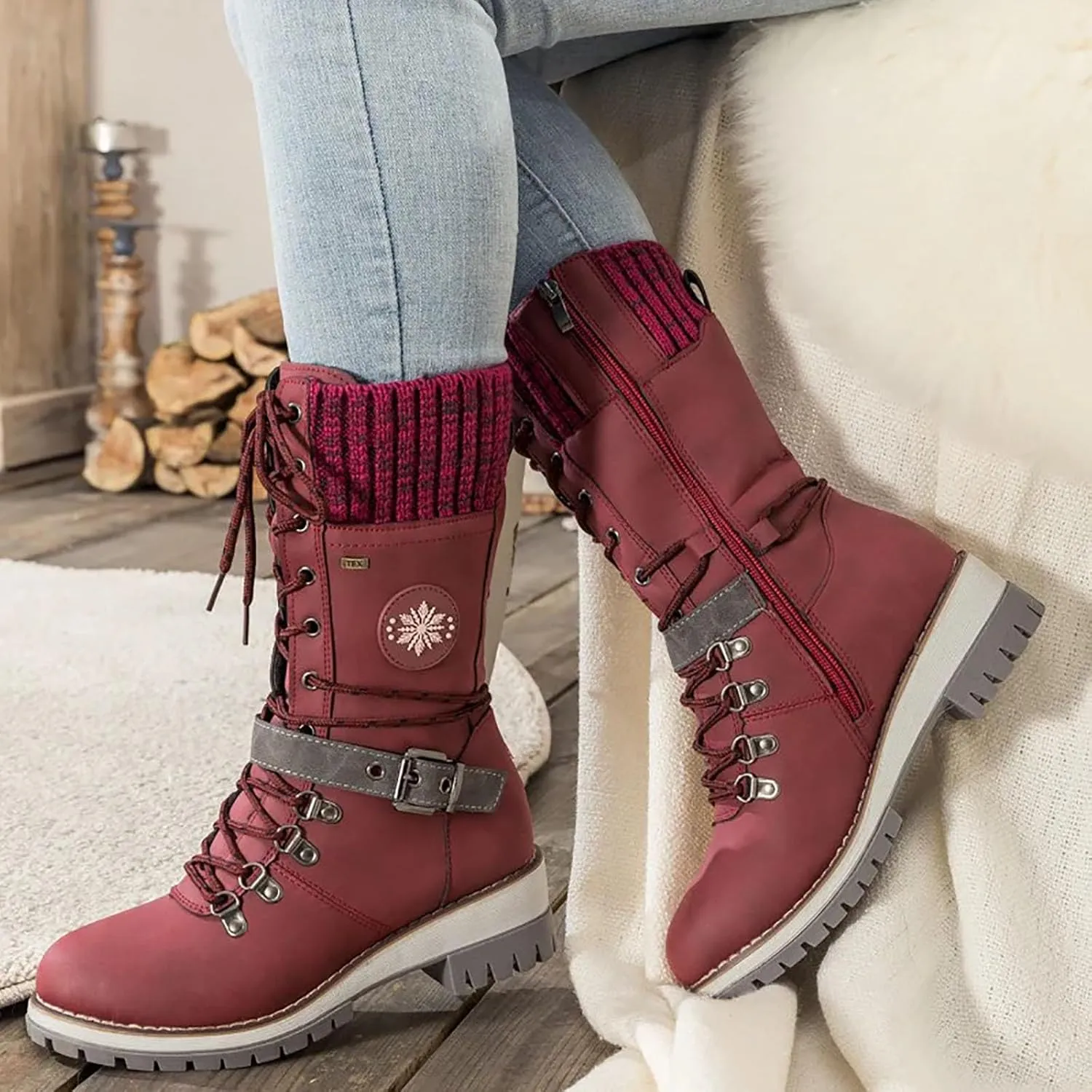 Hbeylia Lace-up Combat Boots for Women Sweater Knitted Cuff Mid-Calf Military Winter Boot Chunky Low Heels Platform Fashion Side Zip Buckles Riding Boots Walking Comfortable Hiking Outdoor Booties