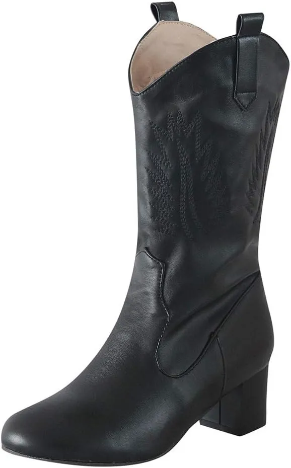 Hbeylia Women's Western Cowboy Boots Vintage Leather Round Toe Chunky Mid-Heels Wide Mid Calf Cowgirl Boots Retro Slip On Riding Short Boots Winter Shoes For Women Ladies Dress