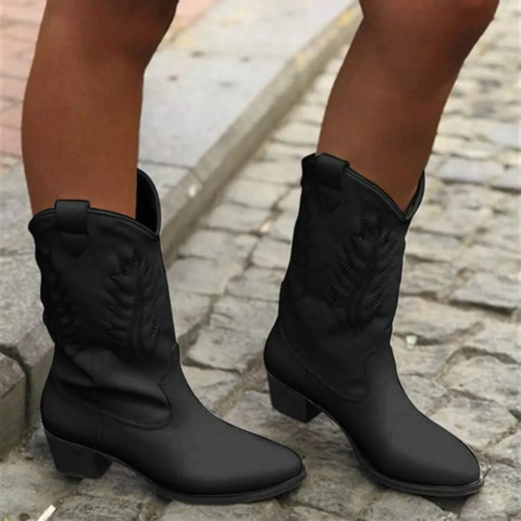 Hbeylia Women's Western Cowboy Boots Vintage Leather Round Toe Chunky Mid-Heels Wide Mid Calf Cowgirl Boots Retro Slip On Riding Short Boots Winter Shoes For Women Ladies Dress