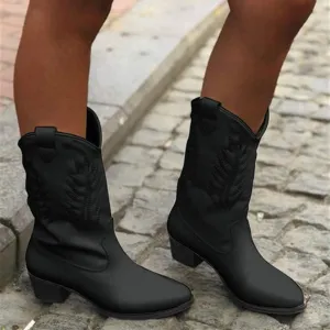 Hbeylia Women's Western Cowboy Boots Vintage Leather Round Toe Chunky Mid-Heels Wide Mid Calf Cowgirl Boots Retro Slip On Riding Short Boots Winter Shoes For Women Ladies Dress
