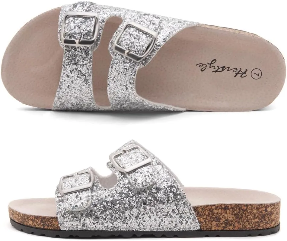 Herstyle Softey Womens Cork Footbed Sandals - Adjustable 2-Strap Comfort Slides | Slip On Open Toe Flat Sandals for Women | Summer Beach Casual Everyday Wear