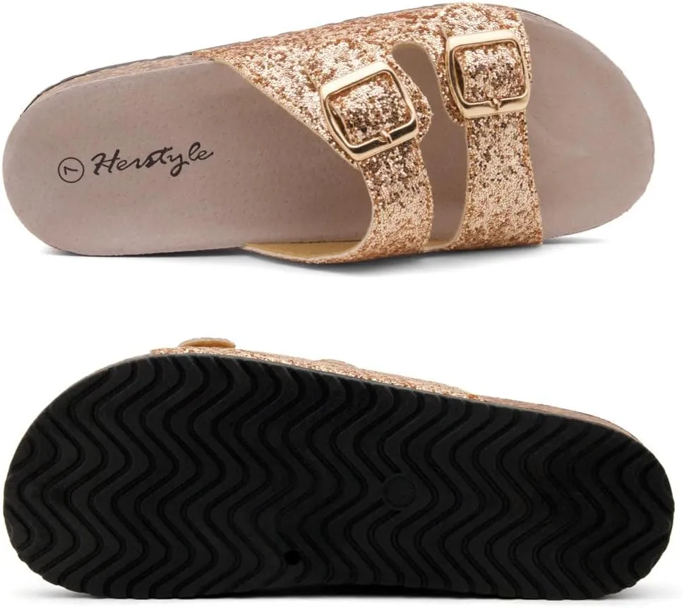 Herstyle Softey Womens Cork Footbed Sandals - Adjustable 2-Strap Comfort Slides | Slip On Open Toe Flat Sandals for Women | Summer Beach Casual Everyday Wear