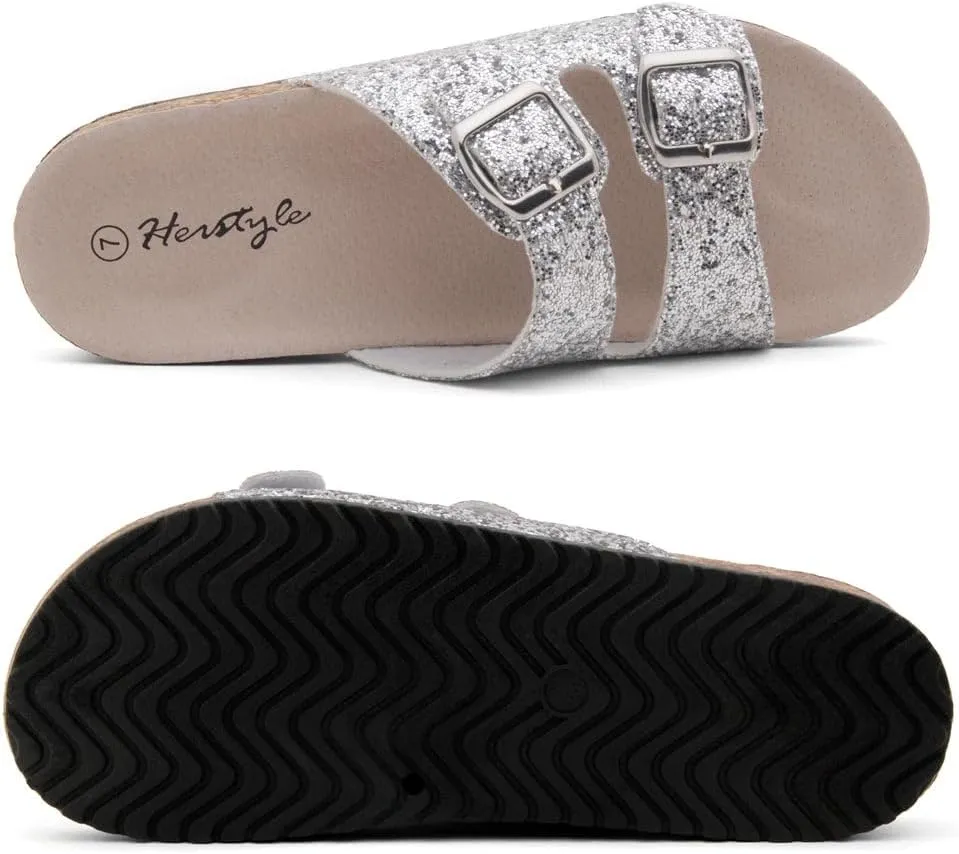 Herstyle Softey Womens Cork Footbed Sandals - Adjustable 2-Strap Comfort Slides | Slip On Open Toe Flat Sandals for Women | Summer Beach Casual Everyday Wear