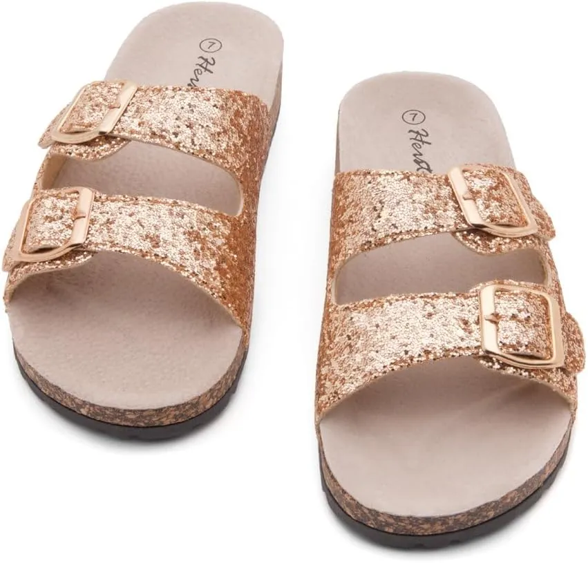 Herstyle Softey Womens Cork Footbed Sandals - Adjustable 2-Strap Comfort Slides | Slip On Open Toe Flat Sandals for Women | Summer Beach Casual Everyday Wear