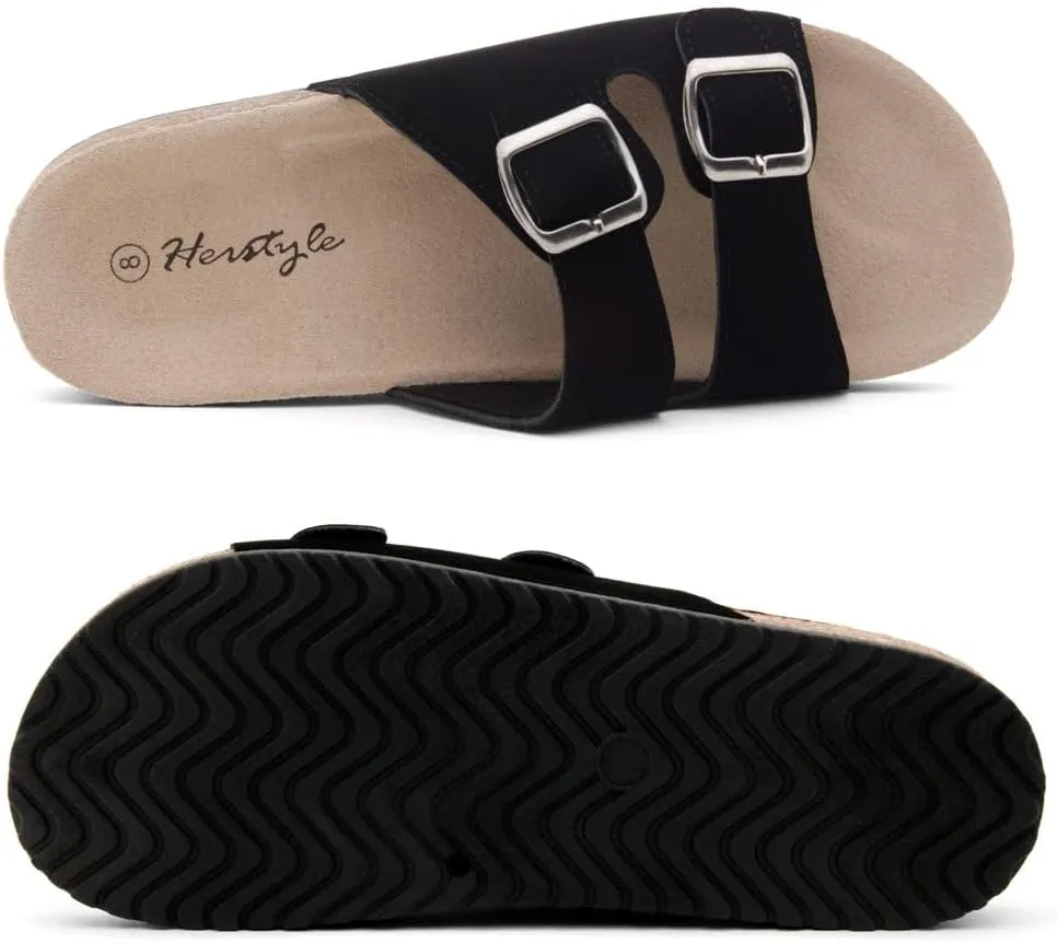 Herstyle Softey Womens Cork Footbed Sandals - Adjustable 2-Strap Comfort Slides | Slip On Open Toe Flat Sandals for Women | Summer Beach Casual Everyday Wear