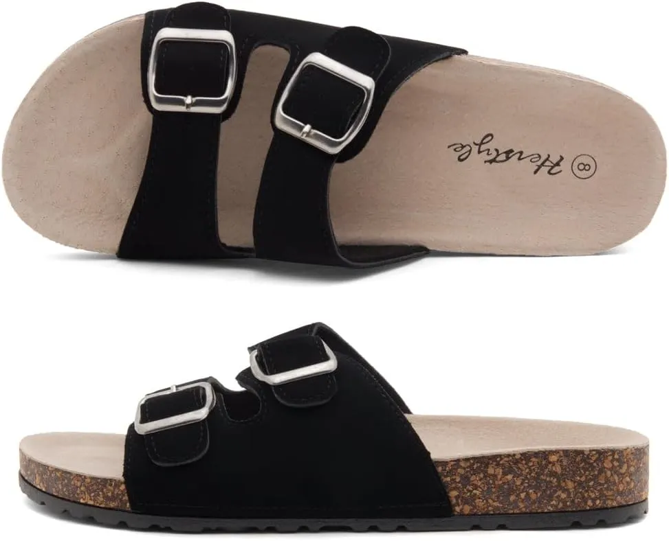 Herstyle Softey Womens Cork Footbed Sandals - Adjustable 2-Strap Comfort Slides | Slip On Open Toe Flat Sandals for Women | Summer Beach Casual Everyday Wear