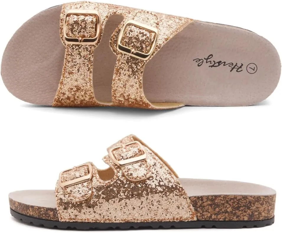 Herstyle Softey Womens Cork Footbed Sandals - Adjustable 2-Strap Comfort Slides | Slip On Open Toe Flat Sandals for Women | Summer Beach Casual Everyday Wear