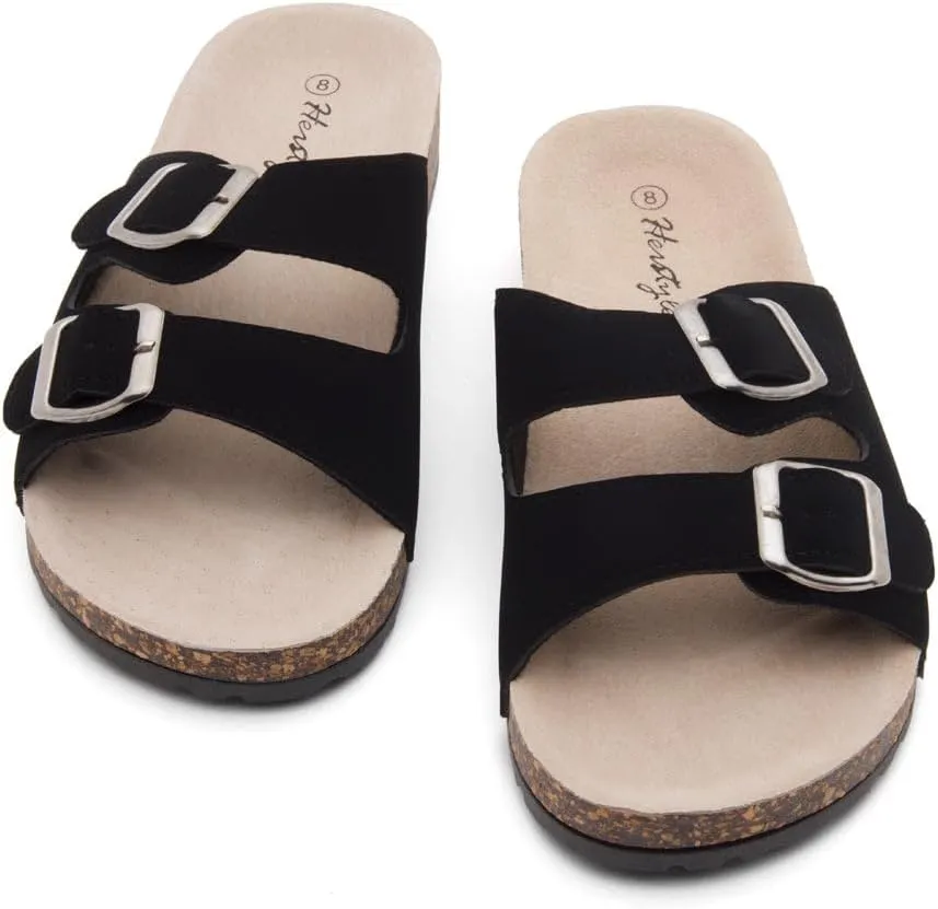 Herstyle Softey Womens Cork Footbed Sandals - Adjustable 2-Strap Comfort Slides | Slip On Open Toe Flat Sandals for Women | Summer Beach Casual Everyday Wear