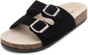 Herstyle Softey Womens Cork Footbed Sandals - Adjustable 2-Strap Comfort Slides | Slip On Open Toe Flat Sandals for Women | Summer Beach Casual Everyday Wear