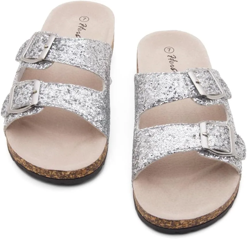 Herstyle Softey Womens Cork Footbed Sandals - Adjustable 2-Strap Comfort Slides | Slip On Open Toe Flat Sandals for Women | Summer Beach Casual Everyday Wear